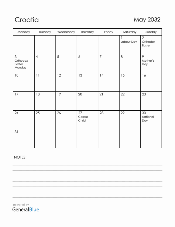 May 2032 Croatia Calendar with Holidays (Monday Start)