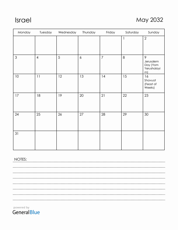 May 2032 Israel Calendar with Holidays (Monday Start)