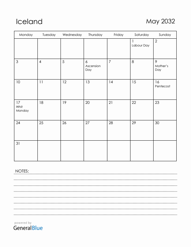 May 2032 Iceland Calendar with Holidays (Monday Start)