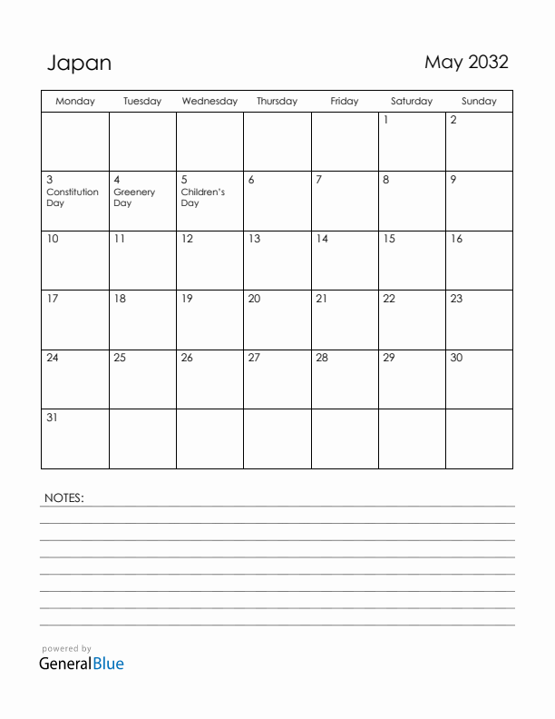 May 2032 Japan Calendar with Holidays (Monday Start)