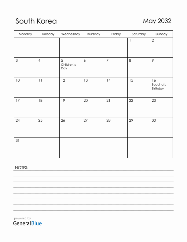 May 2032 South Korea Calendar with Holidays (Monday Start)