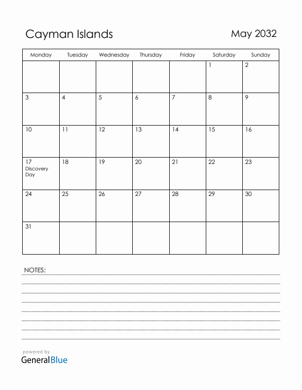 May 2032 Cayman Islands Calendar with Holidays (Monday Start)
