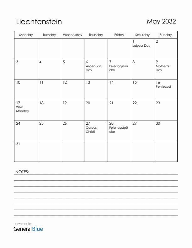 May 2032 Liechtenstein Calendar with Holidays (Monday Start)