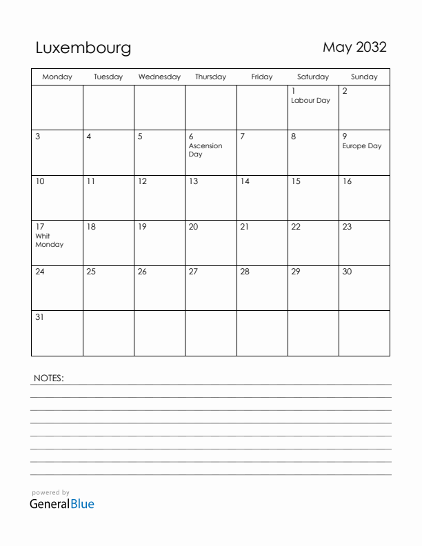 May 2032 Luxembourg Calendar with Holidays (Monday Start)