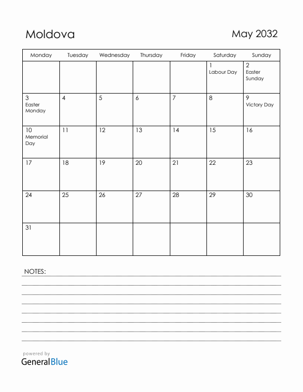 May 2032 Moldova Calendar with Holidays (Monday Start)