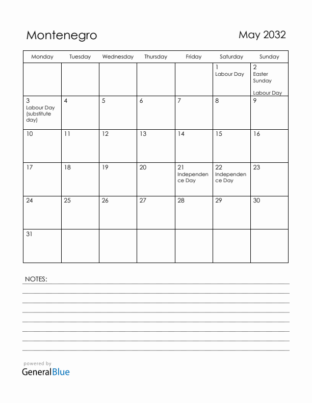 May 2032 Montenegro Calendar with Holidays (Monday Start)