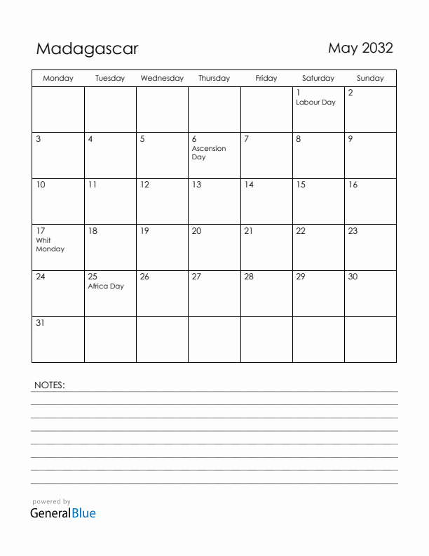 May 2032 Madagascar Calendar with Holidays (Monday Start)