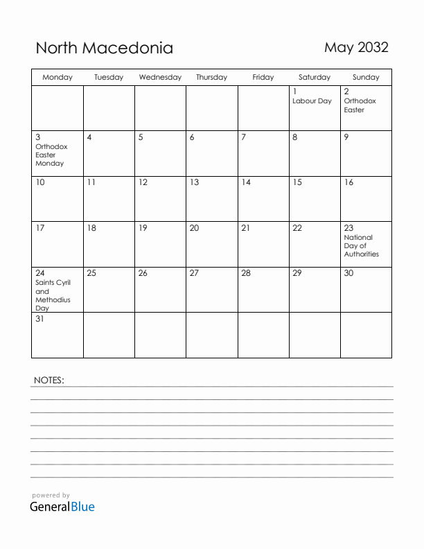 May 2032 North Macedonia Calendar with Holidays (Monday Start)