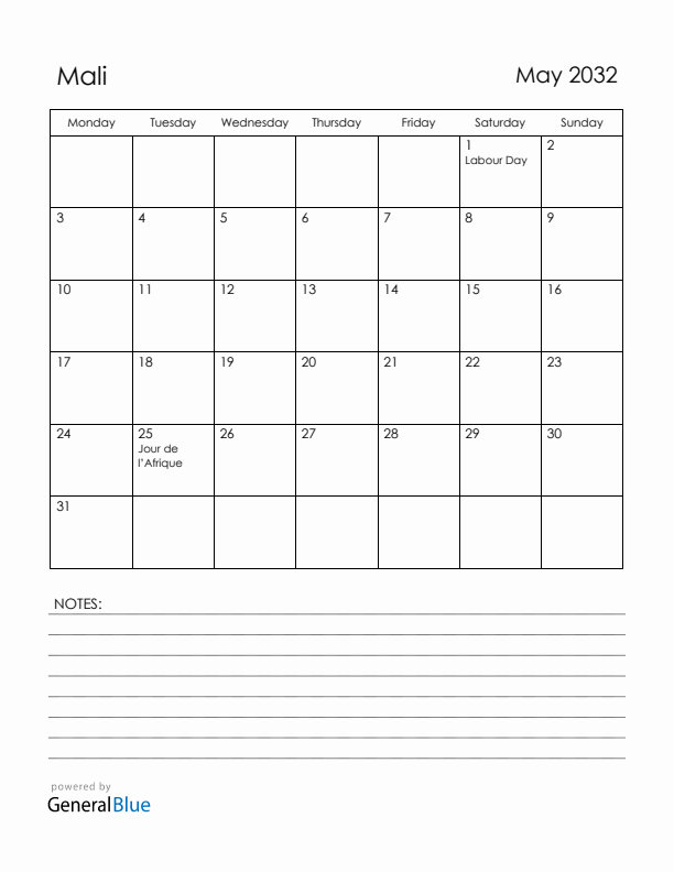 May 2032 Mali Calendar with Holidays (Monday Start)