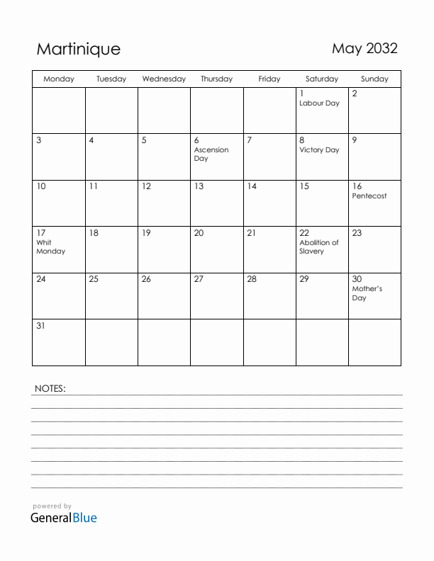 May 2032 Martinique Calendar with Holidays (Monday Start)