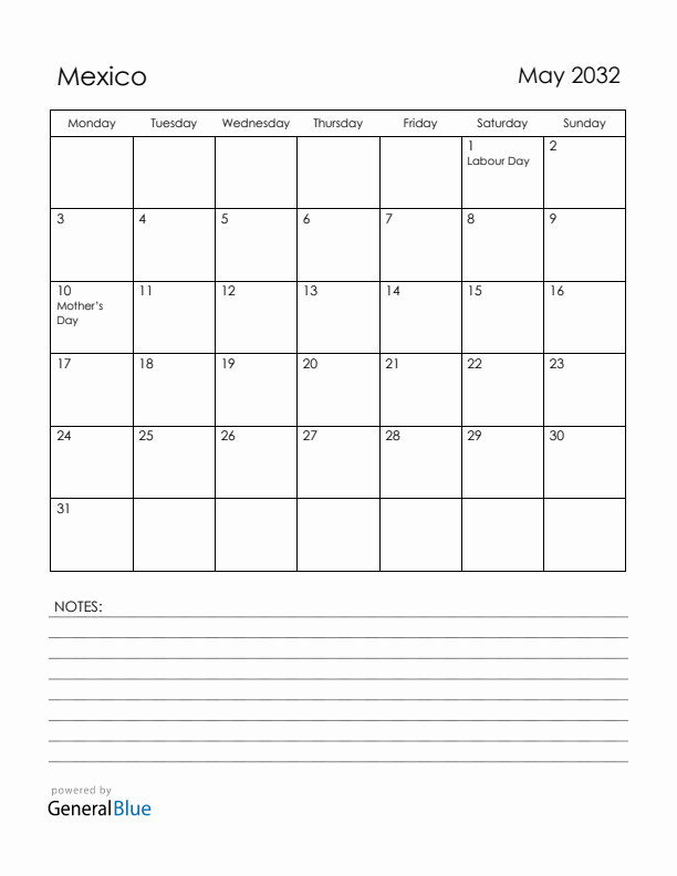 May 2032 Mexico Calendar with Holidays (Monday Start)