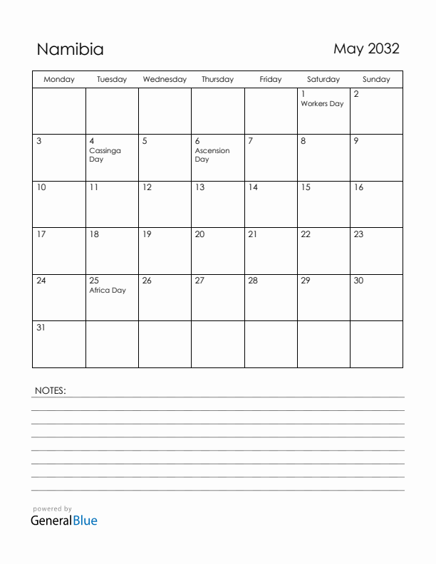 May 2032 Namibia Calendar with Holidays (Monday Start)