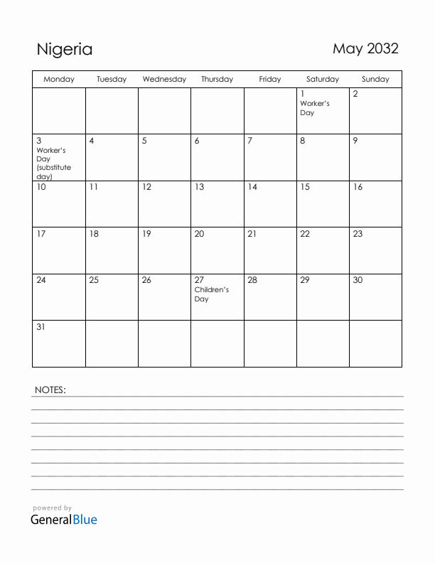 May 2032 Nigeria Calendar with Holidays (Monday Start)