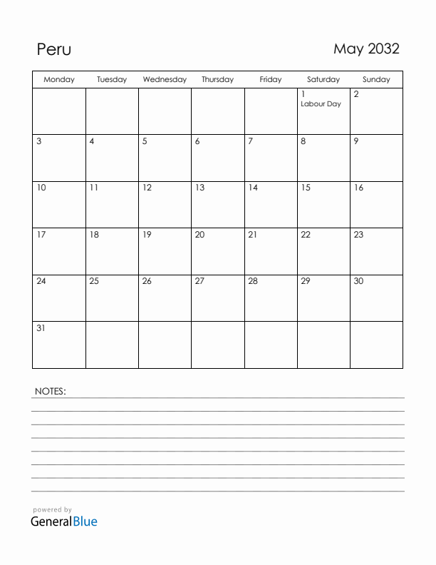May 2032 Peru Calendar with Holidays (Monday Start)