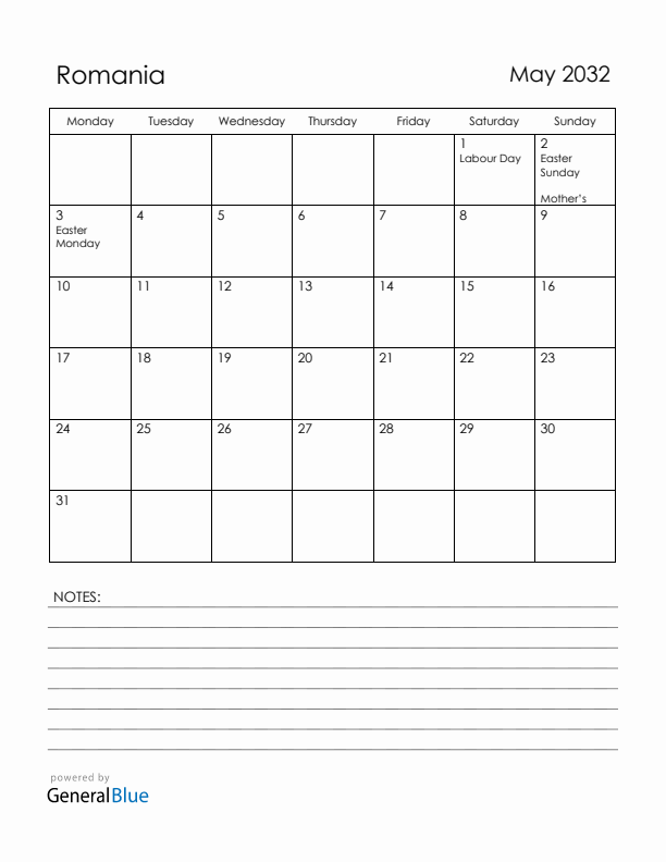 May 2032 Romania Calendar with Holidays (Monday Start)