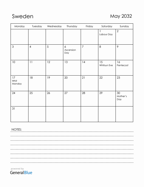 May 2032 Sweden Calendar with Holidays (Monday Start)