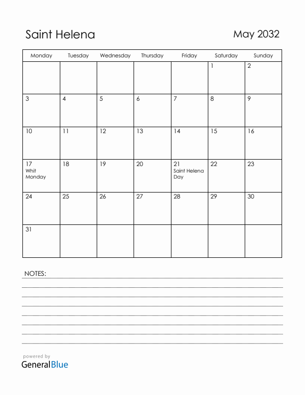 May 2032 Saint Helena Calendar with Holidays (Monday Start)