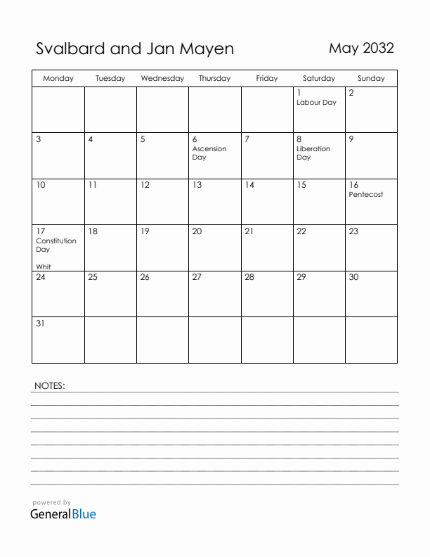 May 2032 Svalbard and Jan Mayen Calendar with Holidays (Monday Start)