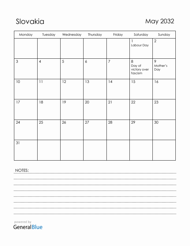 May 2032 Slovakia Calendar with Holidays (Monday Start)