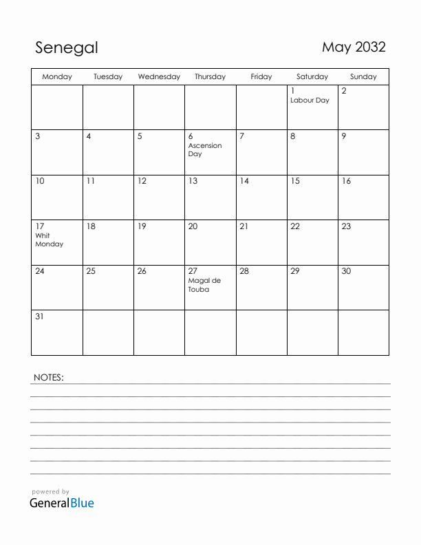 May 2032 Senegal Calendar with Holidays (Monday Start)