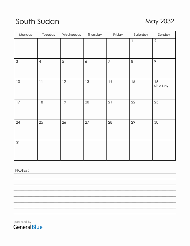 May 2032 South Sudan Calendar with Holidays (Monday Start)
