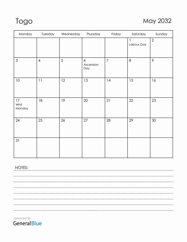 May 2032 Togo Calendar with Holidays (Monday Start)
