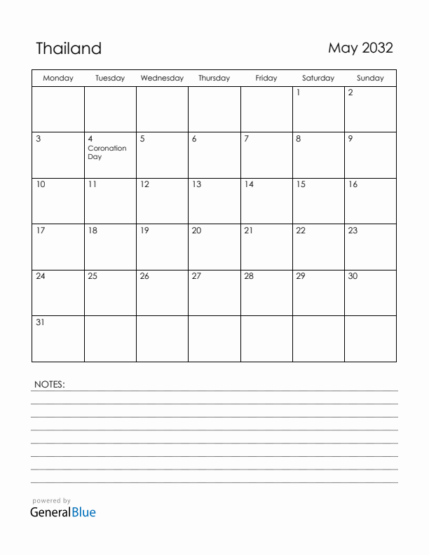 May 2032 Thailand Calendar with Holidays (Monday Start)