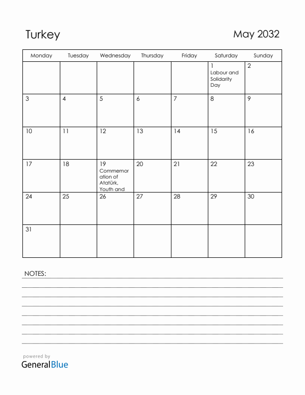 May 2032 Turkey Calendar with Holidays (Monday Start)