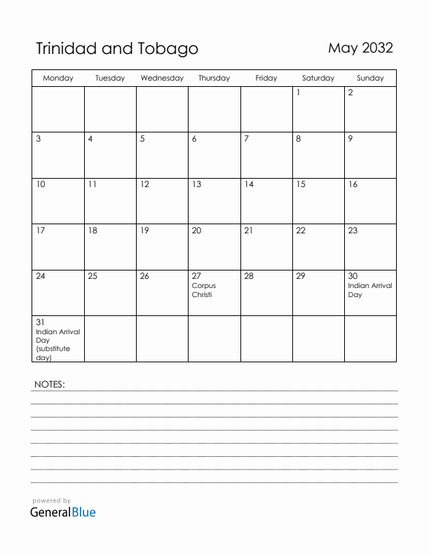 May 2032 Trinidad and Tobago Calendar with Holidays (Monday Start)