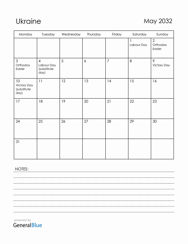 May 2032 Ukraine Calendar with Holidays (Monday Start)