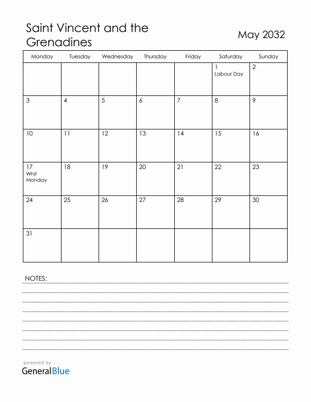 May 2032 Saint Vincent and the Grenadines Calendar with Holidays (Monday Start)