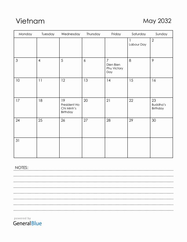 May 2032 Vietnam Calendar with Holidays (Monday Start)