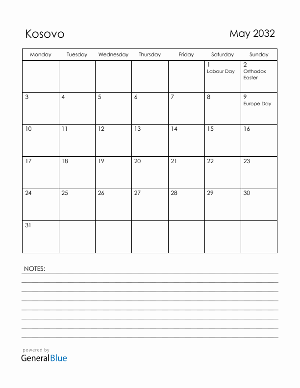 May 2032 Kosovo Calendar with Holidays (Monday Start)