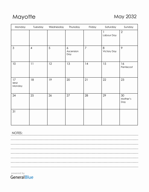 May 2032 Mayotte Calendar with Holidays (Monday Start)