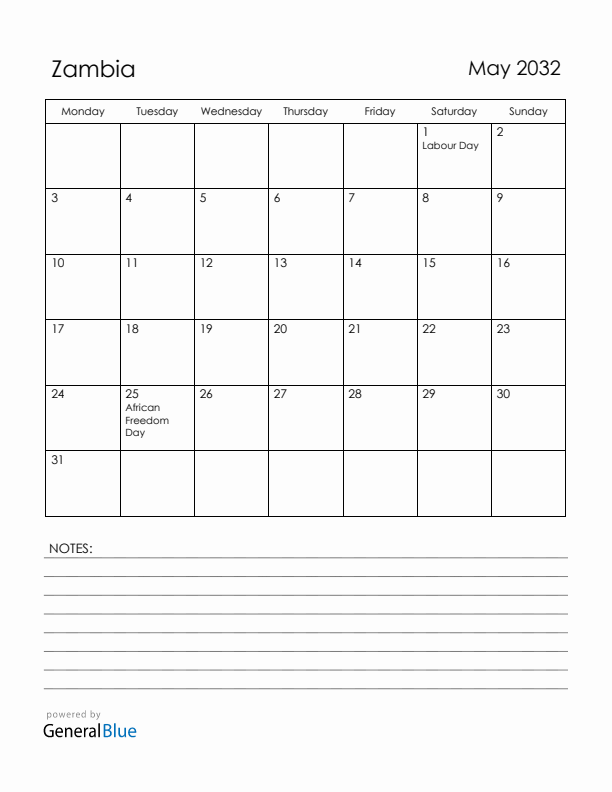 May 2032 Zambia Calendar with Holidays (Monday Start)