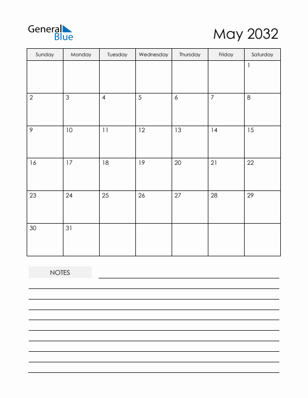 Printable Calendar with Notes - May 2032 