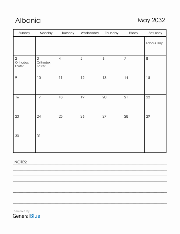 May 2032 Albania Calendar with Holidays (Sunday Start)