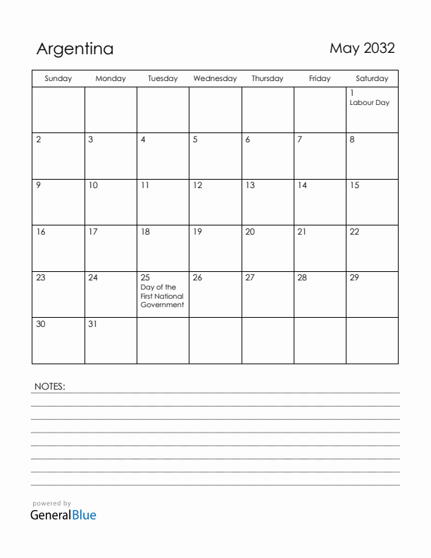 May 2032 Argentina Calendar with Holidays (Sunday Start)