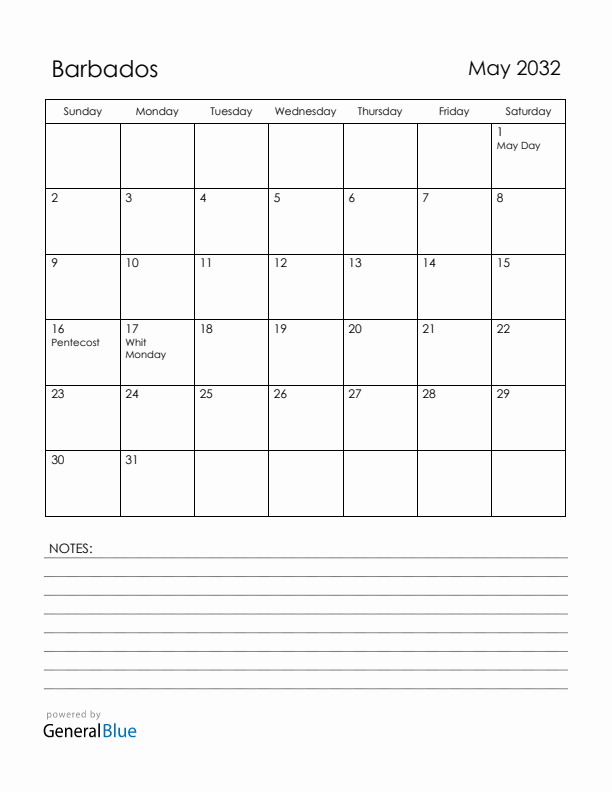 May 2032 Barbados Calendar with Holidays (Sunday Start)