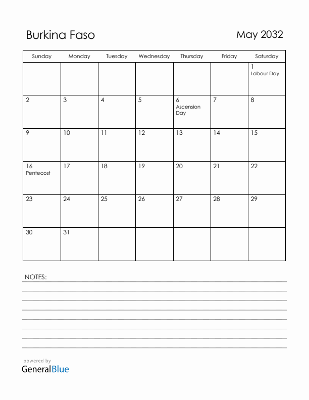 May 2032 Burkina Faso Calendar with Holidays (Sunday Start)