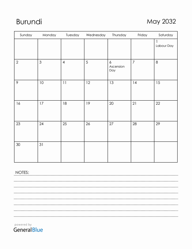 May 2032 Burundi Calendar with Holidays (Sunday Start)