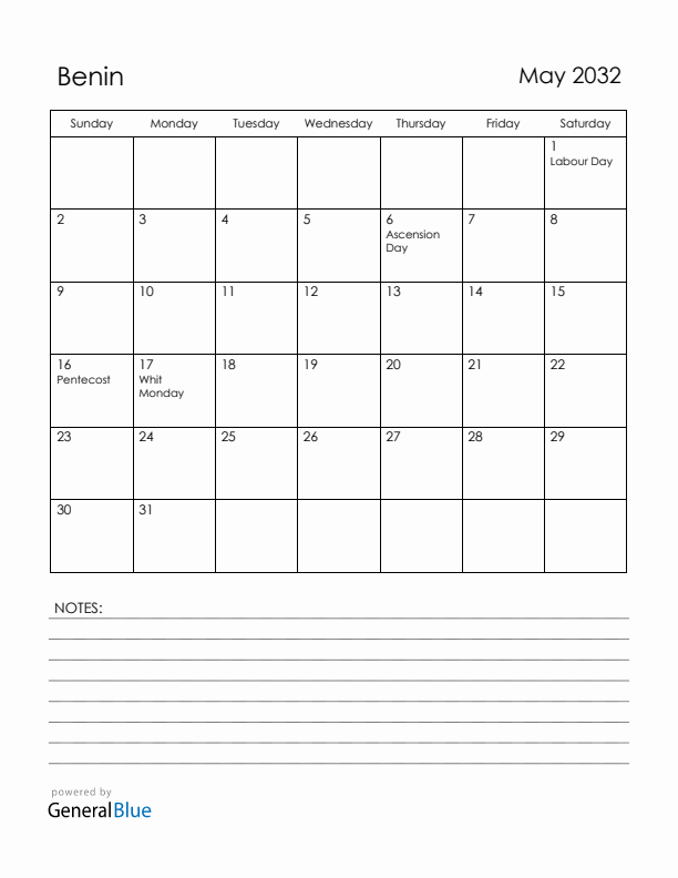 May 2032 Benin Calendar with Holidays (Sunday Start)