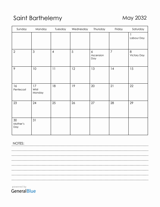 May 2032 Saint Barthelemy Calendar with Holidays (Sunday Start)