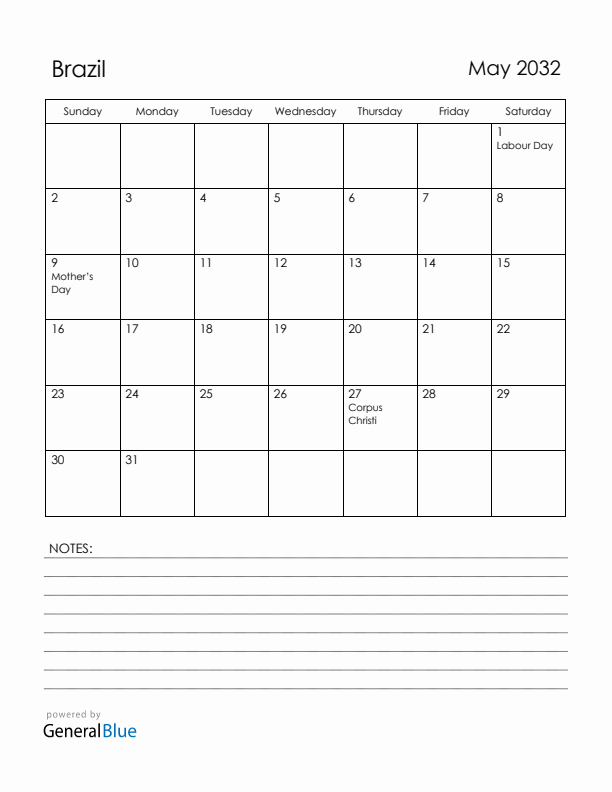 May 2032 Brazil Calendar with Holidays (Sunday Start)