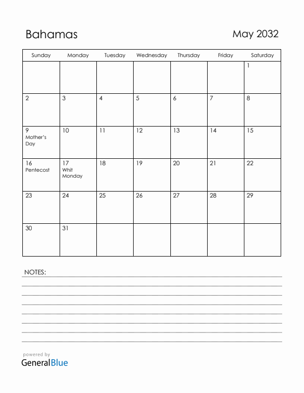 May 2032 Bahamas Calendar with Holidays (Sunday Start)