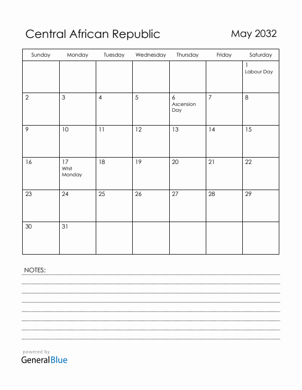 May 2032 Central African Republic Calendar with Holidays (Sunday Start)