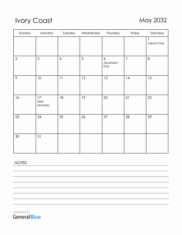 May 2032 Ivory Coast Calendar with Holidays (Sunday Start)
