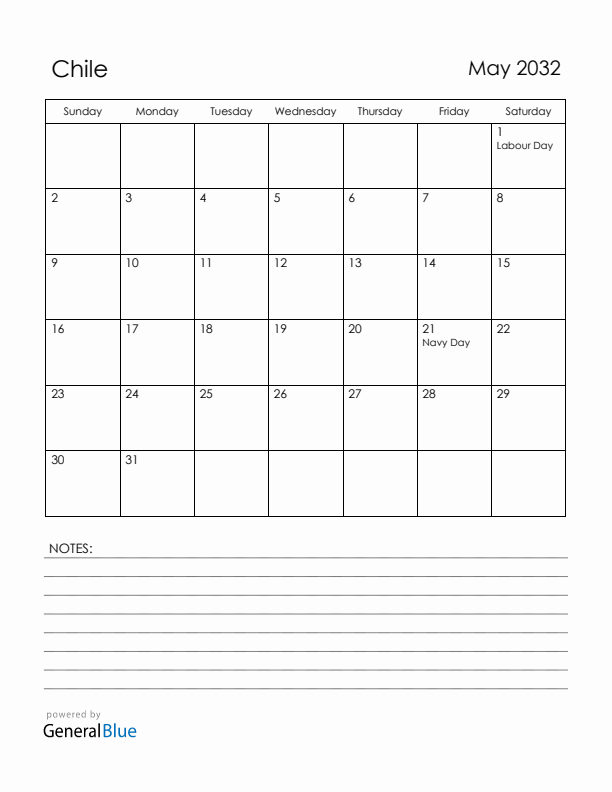 May 2032 Chile Calendar with Holidays (Sunday Start)
