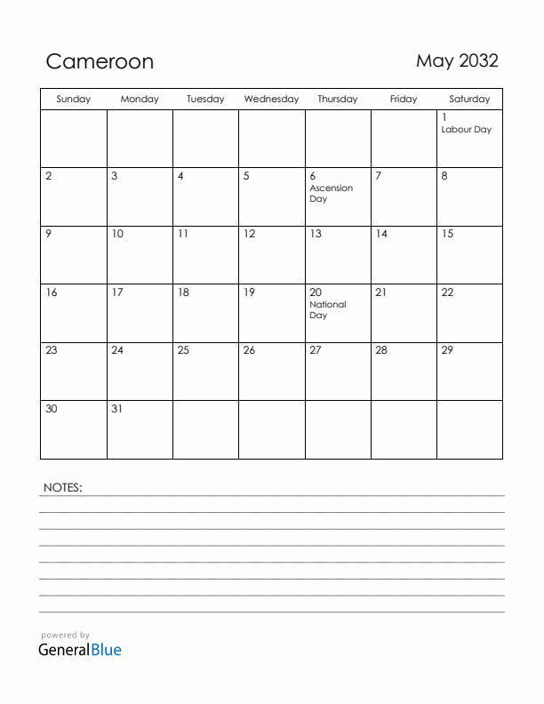 May 2032 Cameroon Calendar with Holidays (Sunday Start)