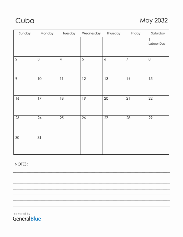 May 2032 Cuba Calendar with Holidays (Sunday Start)